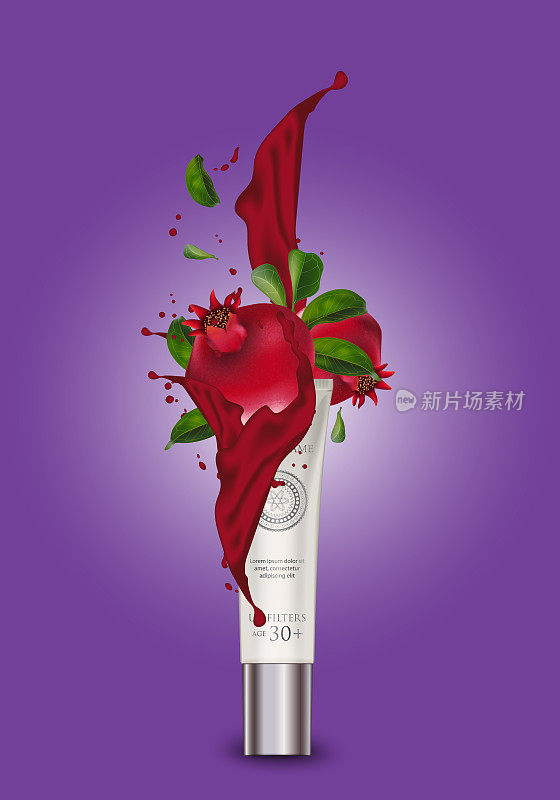 Cosmetic luxury Pomegranate Container packaging, plastic tube. Pearl tube mock-up for oil, face moisturizer cream, toothpaste, scrub or gel. Isolated background.